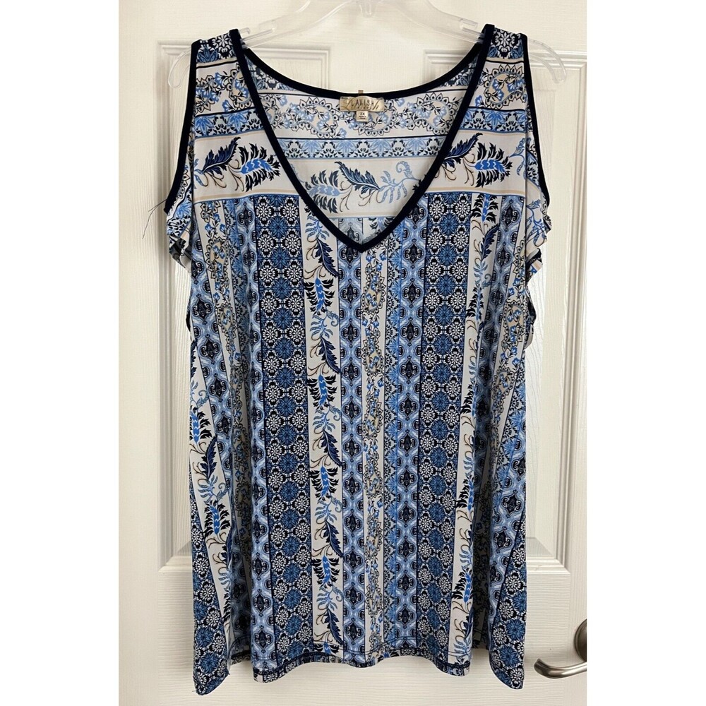 LAVISH - Blue Floral Cap Sleeve Cold Shoulder V-Neck Poly Blend Knit Top size 2X